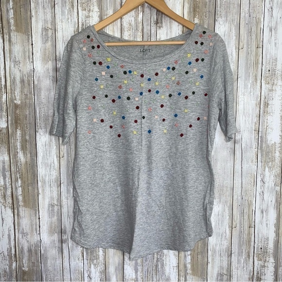 LOFT Tops - Loft Grey Embroidered Neck Floral Blouse